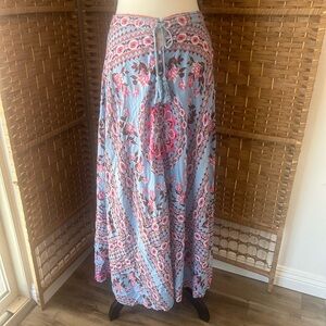 Avantlook Sky Blue Maxi Skirt with Pink Floral Medallions